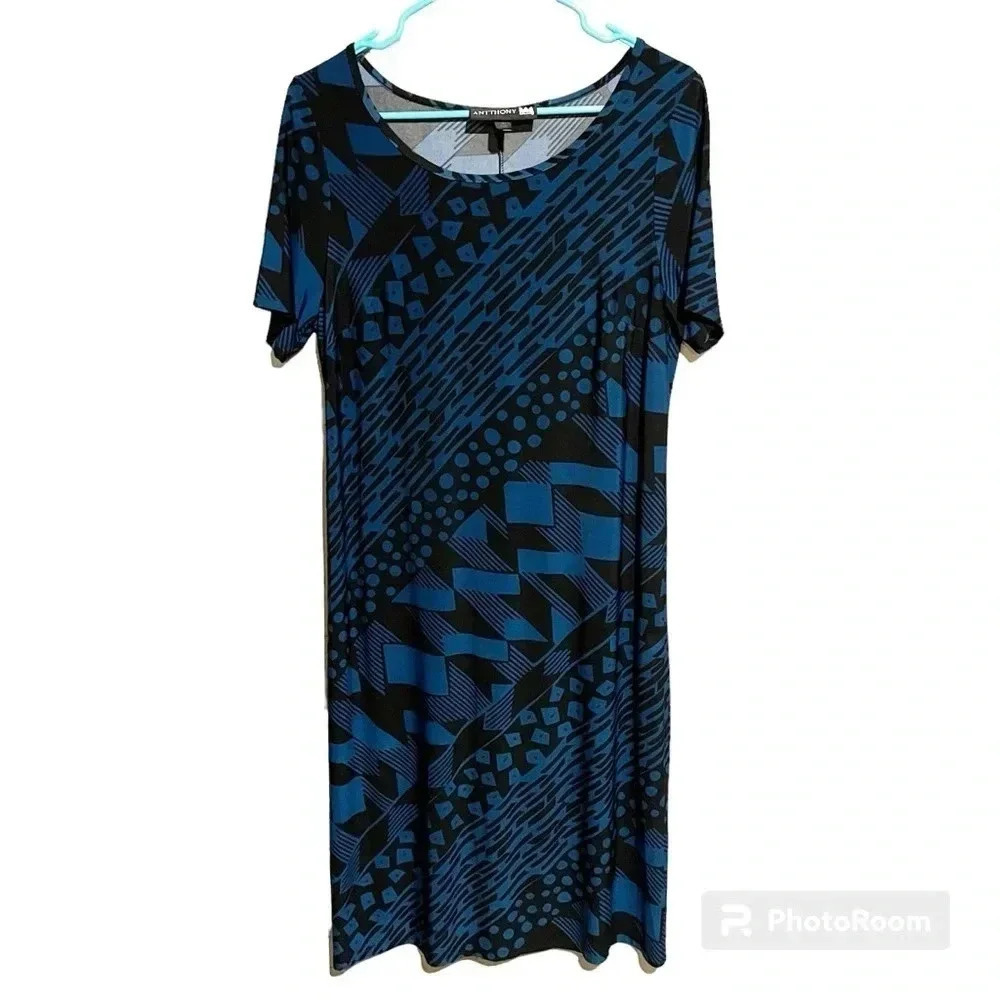 Antthony Shirt Sleeve Shift Dress Geometric Blue Black Design Women’s M - Picture 1 of 10